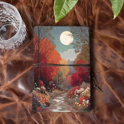 Handmade A6 Notebook, Metal Loose-leaf, 80 Sheets, Tether & Metal Pendant, Office Memo Use with Moon, trees, path, flowers, stars Prints