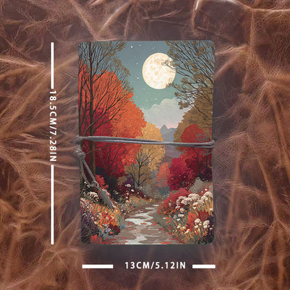 Handmade A6 Notebook, Metal Loose-leaf, 80 Sheets, Tether & Metal Pendant, Office Memo Use with Moon, trees, path, flowers, stars Prints