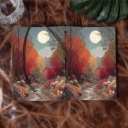 Handmade A6 Notebook, Metal Loose-leaf, 80 Sheets, Tether & Metal Pendant, Office Memo Use with Moon, trees, path, flowers, stars Prints
