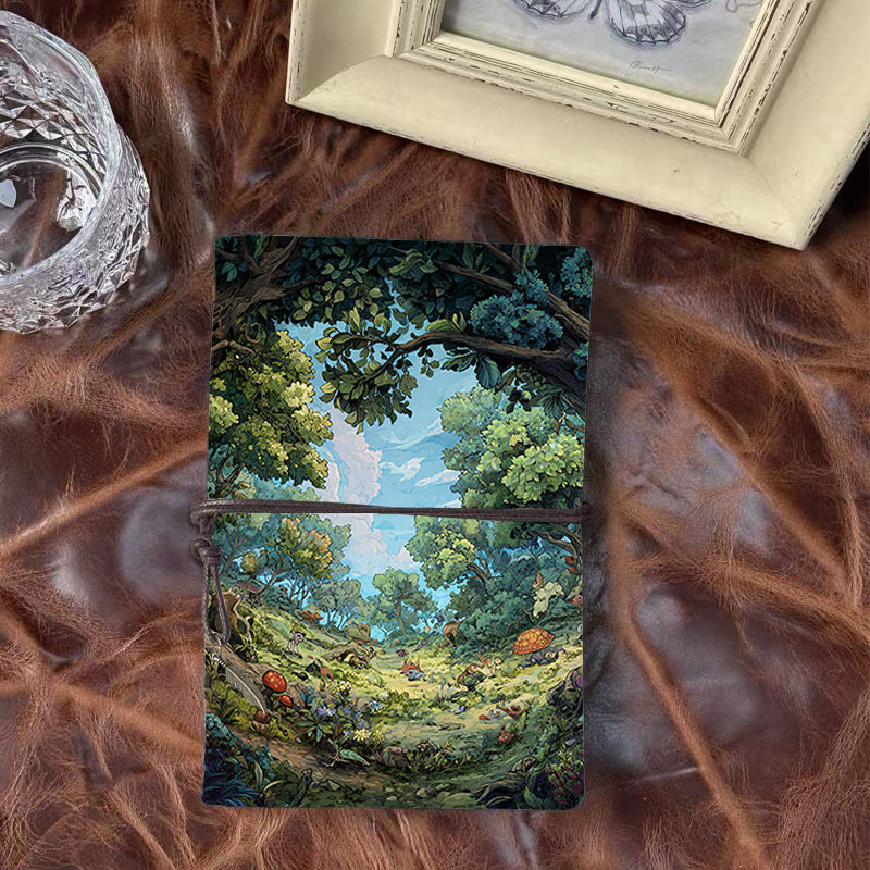 A6 Handmade Office Notebook, 160 Pages, Metal Binder, Tether Closure with Metal Pendant with Trees, mushrooms, flowers, sky Prints