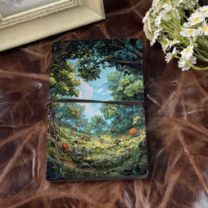 A6 Handmade Office Notebook, 160 Pages, Metal Binder, Tether Closure with Metal Pendant with Trees, mushrooms, flowers, sky Prints