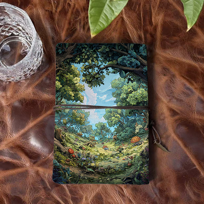 A6 Handmade Office Notebook, 160 Pages, Metal Binder, Tether Closure with Metal Pendant with Trees, mushrooms, flowers, sky Prints