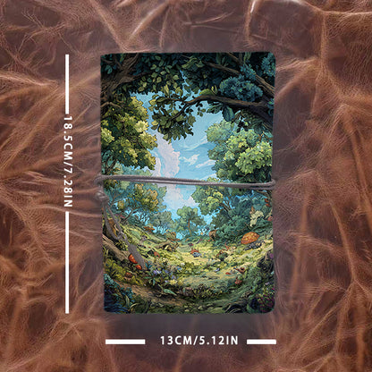 A6 Handmade Office Notebook, 160 Pages, Metal Binder, Tether Closure with Metal Pendant with Trees, mushrooms, flowers, sky Prints