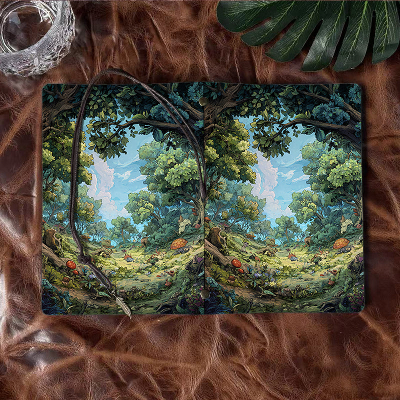 A6 Handmade Office Notebook, 160 Pages, Metal Binder, Tether Closure with Metal Pendant with Trees, mushrooms, flowers, sky Prints