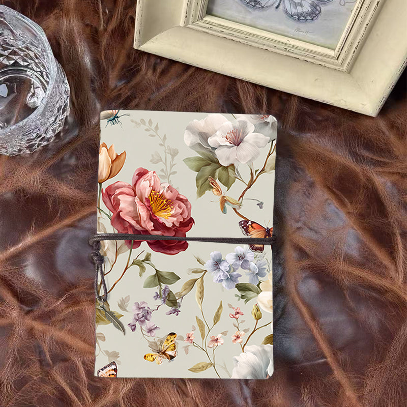 Handmade A6 Notebook - Metal Loose-leaf, 80 Sheets, Tether w/ Metal Pendant, Office Meeting Use with Flowers, butterflies and leaves Prints