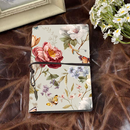 Handmade A6 Notebook - Metal Loose-leaf, 80 Sheets, Tether w/ Metal Pendant, Office Meeting Use with Flowers, butterflies and leaves Prints