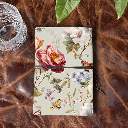 Handmade A6 Notebook - Metal Loose-leaf, 80 Sheets, Tether w/ Metal Pendant, Office Meeting Use with Flowers, butterflies and leaves Prints