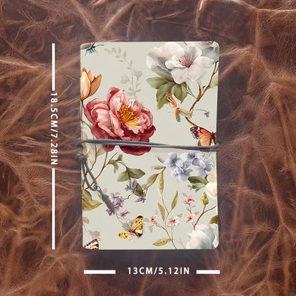 Handmade A6 Notebook - Metal Loose-leaf, 80 Sheets, Tether w/ Metal Pendant, Office Meeting Use with Flowers, butterflies and leaves Prints