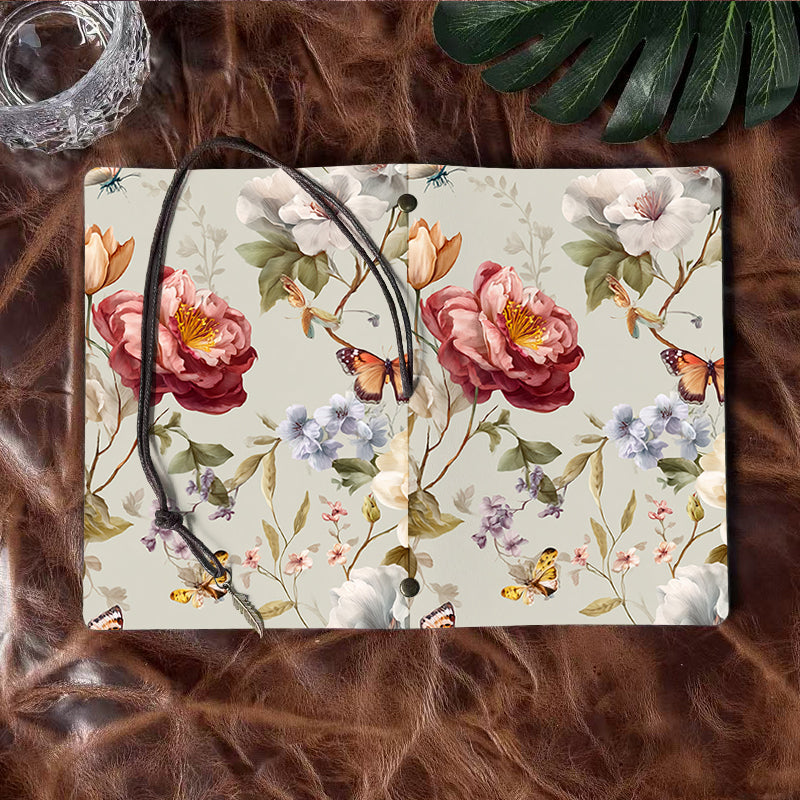 Handmade A6 Notebook - Metal Loose-leaf, 80 Sheets, Tether w/ Metal Pendant, Office Meeting Use with Flowers, butterflies and leaves Prints