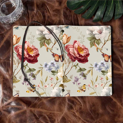 Handmade A6 Notebook - Metal Loose-leaf, 80 Sheets, Tether w/ Metal Pendant, Office Meeting Use with Flowers, butterflies and leaves Prints
