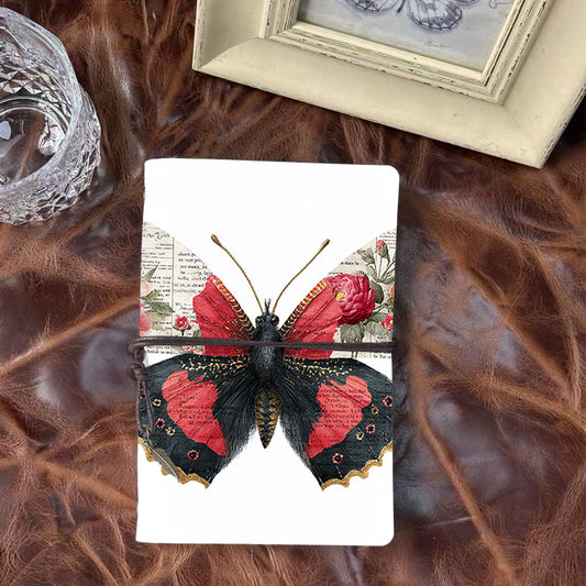 A6 Handmade Notebook, 80 Sheets, Metal Loose-leaf, Tether Closure & Metal Pendant, Business Office with Butterfly with floral - text wings P