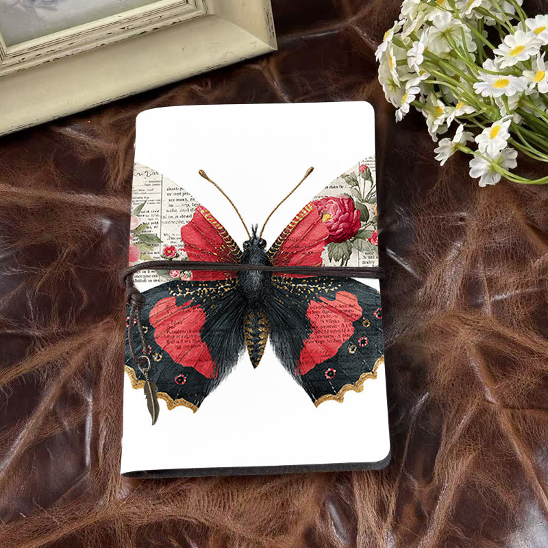 A6 Handmade Notebook, 80 Sheets, Metal Loose-leaf, Tether Closure & Metal Pendant, Business Office with Butterfly with floral - text wings P