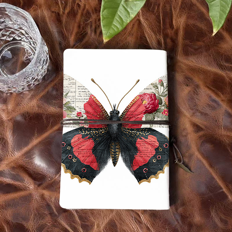 A6 Handmade Notebook, 80 Sheets, Metal Loose-leaf, Tether Closure & Metal Pendant, Business Office with Butterfly with floral - text wings P