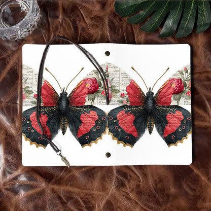A6 Handmade Notebook, 80 Sheets, Metal Loose-leaf, Tether Closure & Metal Pendant, Business Office with Butterfly with floral - text wings P