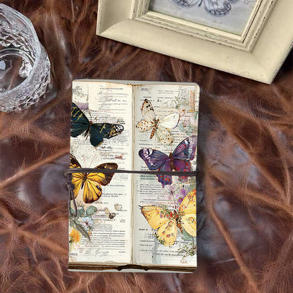 Handmade Office A6 Notebook, 160 Pages, Metal Pendant Tether, Loose-leaf with Butterflies on an old - page book Prints