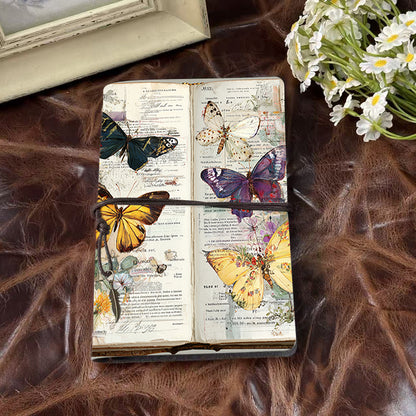 Handmade Office A6 Notebook, 160 Pages, Metal Pendant Tether, Loose-leaf with Butterflies on an old - page book Prints