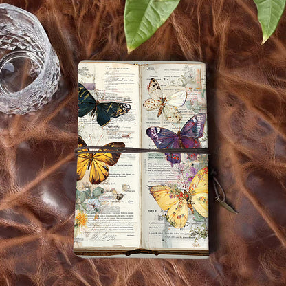 Handmade Office A6 Notebook, 160 Pages, Metal Pendant Tether, Loose-leaf with Butterflies on an old - page book Prints