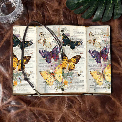 Handmade Office A6 Notebook, 160 Pages, Metal Pendant Tether, Loose-leaf with Butterflies on an old - page book Prints