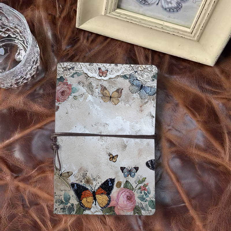 A6 Handmade Notebook with Metal Loose-leaf, 80 Sheets, Tether Closure w/ Metal Pendant, for Office Work with Butterflies, roses, lace, textu
