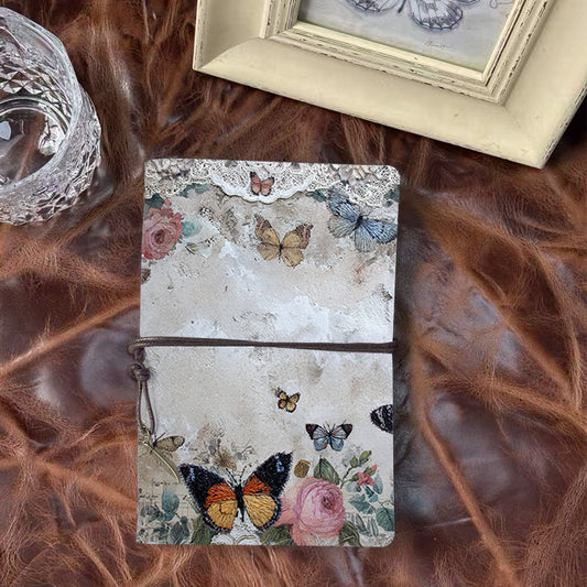 A6 Handmade Notebook with Metal Loose-leaf, 80 Sheets, Tether Closure w/ Metal Pendant, for Office Work with Butterflies, roses, lace, textu