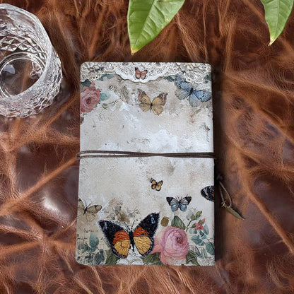 A6 Handmade Notebook with Metal Loose-leaf, 80 Sheets, Tether Closure w/ Metal Pendant, for Office Work with Butterflies, roses, lace, textu