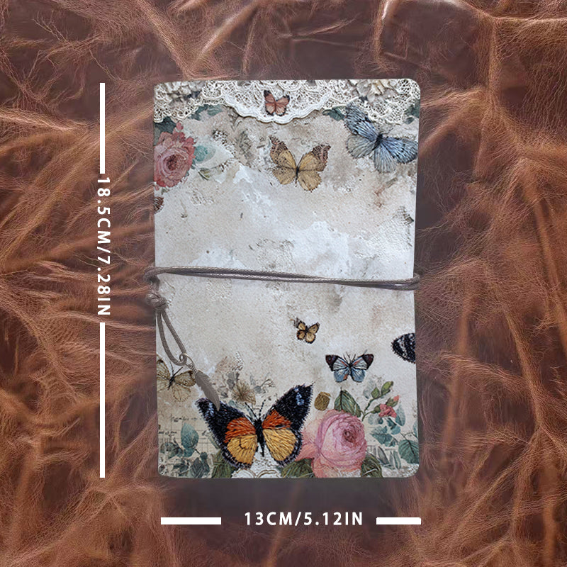 A6 Handmade Notebook with Metal Loose-leaf, 80 Sheets, Tether Closure w/ Metal Pendant, for Office Work with Butterflies, roses, lace, textu