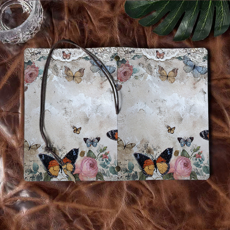 A6 Handmade Notebook with Metal Loose-leaf, 80 Sheets, Tether Closure w/ Metal Pendant, for Office Work with Butterflies, roses, lace, textu