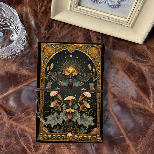 Handmade A6 Notebook, Metal Binder, 80 Sheets, Tether & Metal Pendant Closure, Office Conference Use with Moth, flowers, sun, skulls, frame