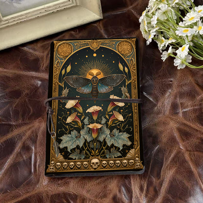 Handmade A6 Notebook, Metal Binder, 80 Sheets, Tether & Metal Pendant Closure, Office Conference Use with Moth, flowers, sun, skulls, frame