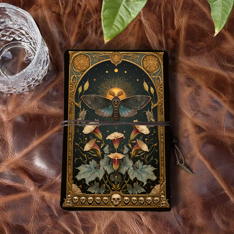 Handmade A6 Notebook, Metal Binder, 80 Sheets, Tether & Metal Pendant Closure, Office Conference Use with Moth, flowers, sun, skulls, frame