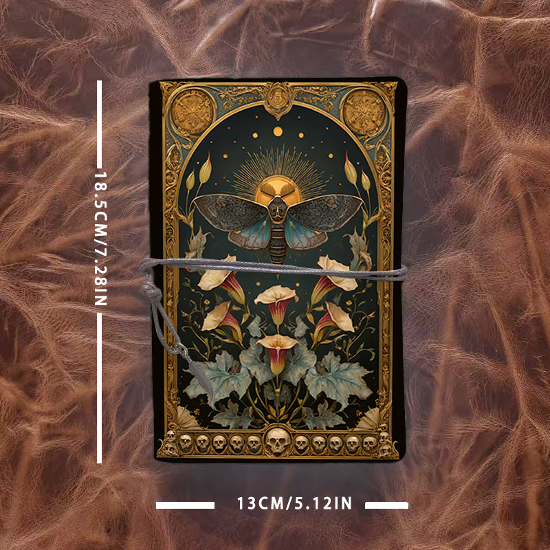 Handmade A6 Notebook, Metal Binder, 80 Sheets, Tether & Metal Pendant Closure, Office Conference Use with Moth, flowers, sun, skulls, frame
