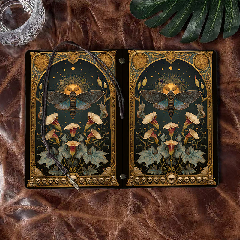 Handmade A6 Notebook, Metal Binder, 80 Sheets, Tether & Metal Pendant Closure, Office Conference Use with Moth, flowers, sun, skulls, frame