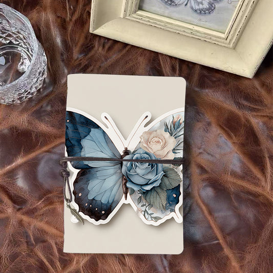 A6 Handmade Office Notebook, 80 Sheets, Metal Loose-leaf, Tether Closure w/ Pendant Deco with Butterfly, roses, and floral elements Prints