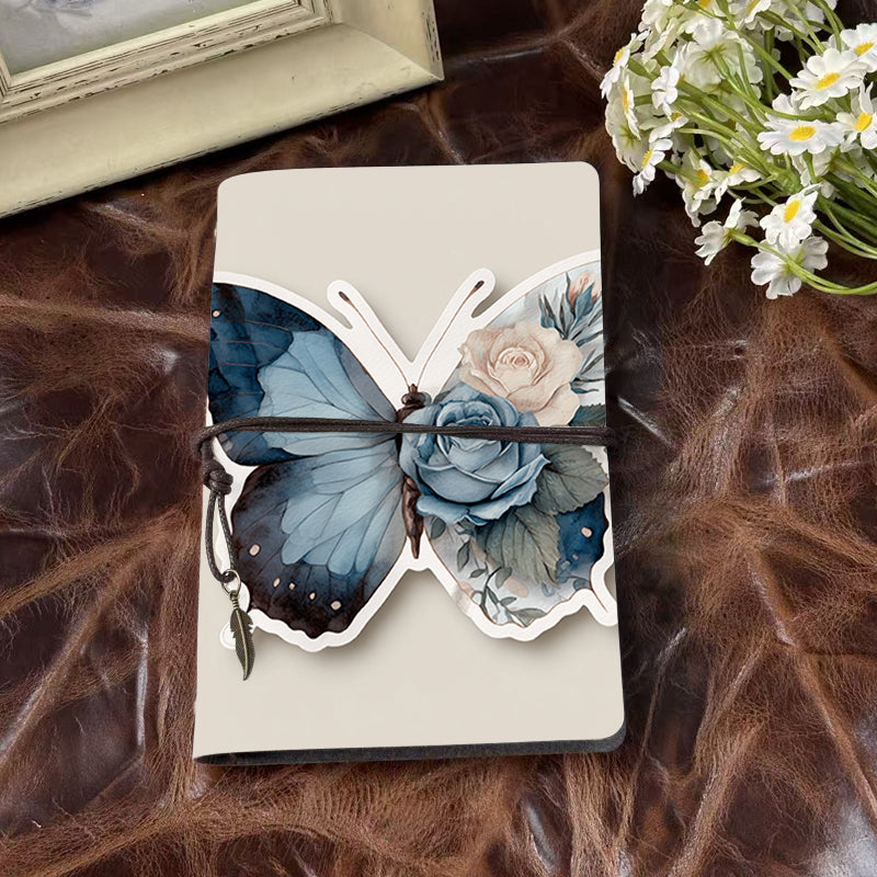 A6 Handmade Office Notebook, 80 Sheets, Metal Loose-leaf, Tether Closure w/ Pendant Deco with Butterfly, roses, and floral elements Prints