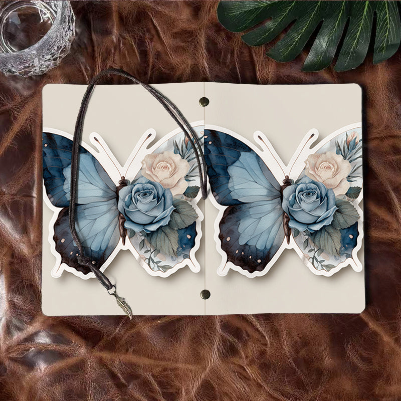 A6 Handmade Office Notebook, 80 Sheets, Metal Loose-leaf, Tether Closure w/ Pendant Deco with Butterfly, roses, and floral elements Prints