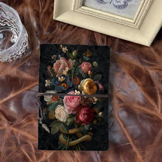 Handmade A6 Notebook - 80 Sheets, Metal Loose-leaf, Tether & Metal Pendant, Office Journal with Flowers, leaves, snake, butterfly Prints