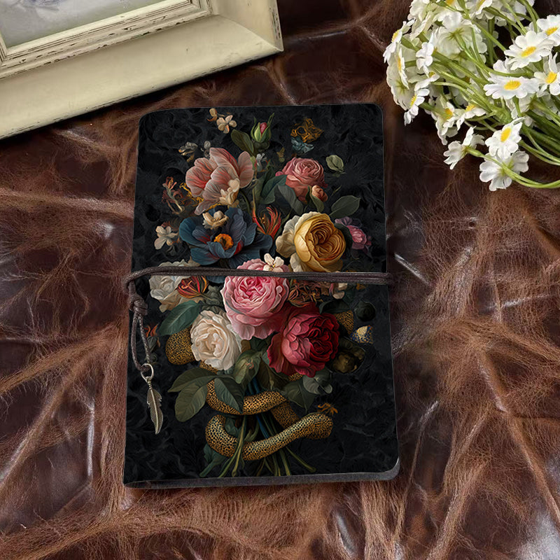 Handmade A6 Notebook - 80 Sheets, Metal Loose-leaf, Tether & Metal Pendant, Office Journal with Flowers, leaves, snake, butterfly Prints