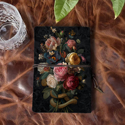 Handmade A6 Notebook - 80 Sheets, Metal Loose-leaf, Tether & Metal Pendant, Office Journal with Flowers, leaves, snake, butterfly Prints