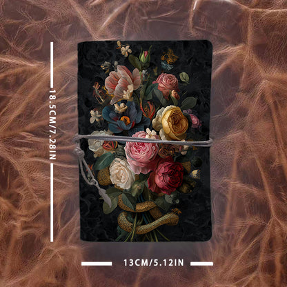 Handmade A6 Notebook - 80 Sheets, Metal Loose-leaf, Tether & Metal Pendant, Office Journal with Flowers, leaves, snake, butterfly Prints