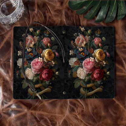 Handmade A6 Notebook - 80 Sheets, Metal Loose-leaf, Tether & Metal Pendant, Office Journal with Flowers, leaves, snake, butterfly Prints