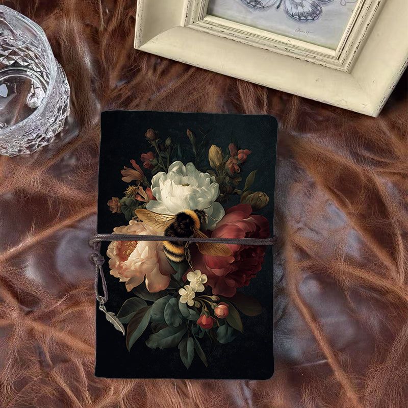 A6 Handmade Notebook, 160 Pages, Metal Loose-leaf, Tether Closure with Metal Pendant, Office Note-taking with Bee, peonies, flowers, leaves
