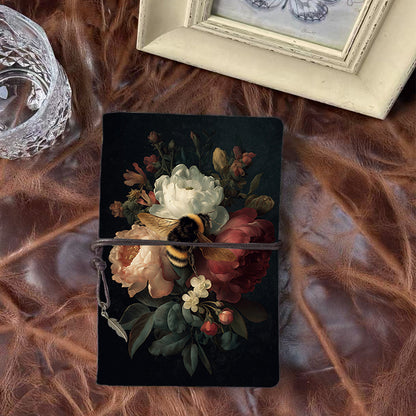 A6 Handmade Notebook, 160 Pages, Metal Loose-leaf, Tether Closure with Metal Pendant, Office Note-taking with Bee, peonies, flowers, leaves