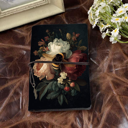 A6 Handmade Notebook, 160 Pages, Metal Loose-leaf, Tether Closure with Metal Pendant, Office Note-taking with Bee, peonies, flowers, leaves