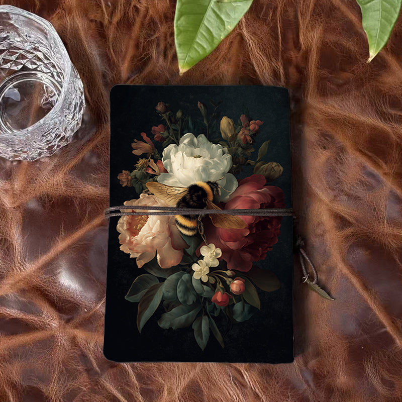 A6 Handmade Notebook, 160 Pages, Metal Loose-leaf, Tether Closure with Metal Pendant, Office Note-taking with Bee, peonies, flowers, leaves
