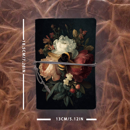 A6 Handmade Notebook, 160 Pages, Metal Loose-leaf, Tether Closure with Metal Pendant, Office Note-taking with Bee, peonies, flowers, leaves