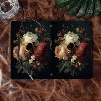A6 Handmade Notebook, 160 Pages, Metal Loose-leaf, Tether Closure with Metal Pendant, Office Note-taking with Bee, peonies, flowers, leaves