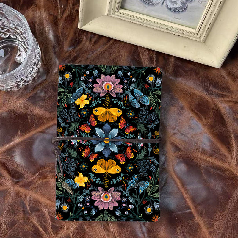 Handmade Office A6 Notebook, Metal Loose-leaf, 80 Sheets, Tether w/ Metal Pendant, Vintage Paper with Butterflies, flowers and leaves Prints
