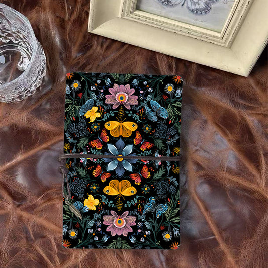 Handmade Office A6 Notebook, Metal Loose-leaf, 80 Sheets, Tether w/ Metal Pendant, Vintage Paper with Butterflies, flowers and leaves Prints
