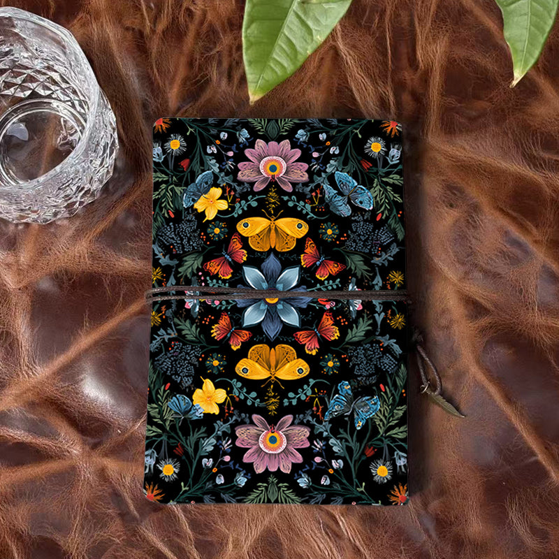 Handmade Office A6 Notebook, Metal Loose-leaf, 80 Sheets, Tether w/ Metal Pendant, Vintage Paper with Butterflies, flowers and leaves Prints