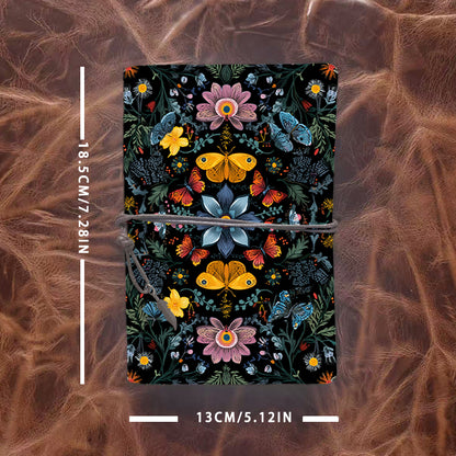 Handmade Office A6 Notebook, Metal Loose-leaf, 80 Sheets, Tether w/ Metal Pendant, Vintage Paper with Butterflies, flowers and leaves Prints